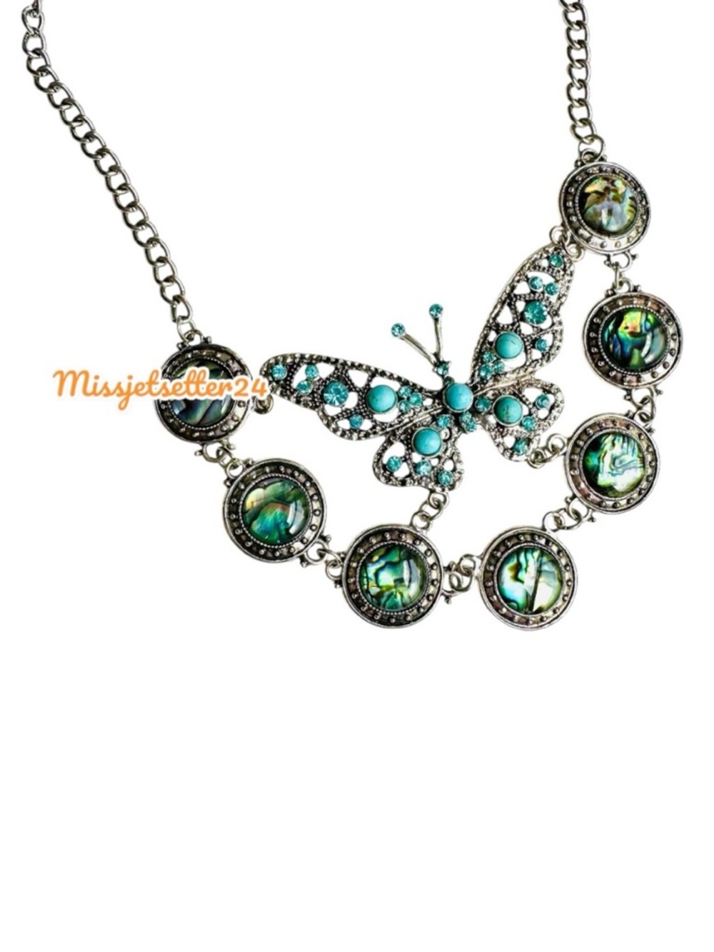 NWT Blue Butterfly and Shell Circle Boho Western Country Chic Necklace